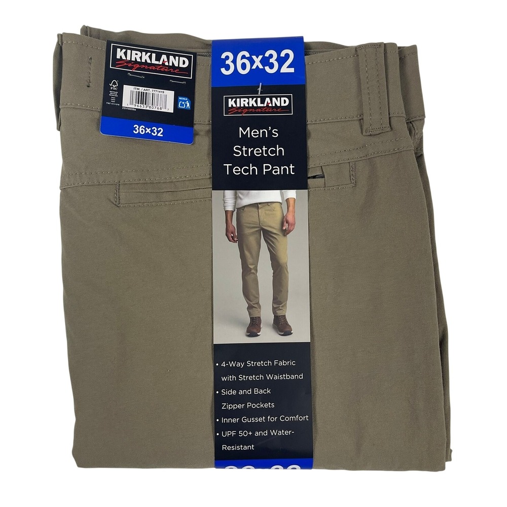 Kirkland Signature Mens Stretch Tech Pant 36x32 Khaki Tan Water Resistant New